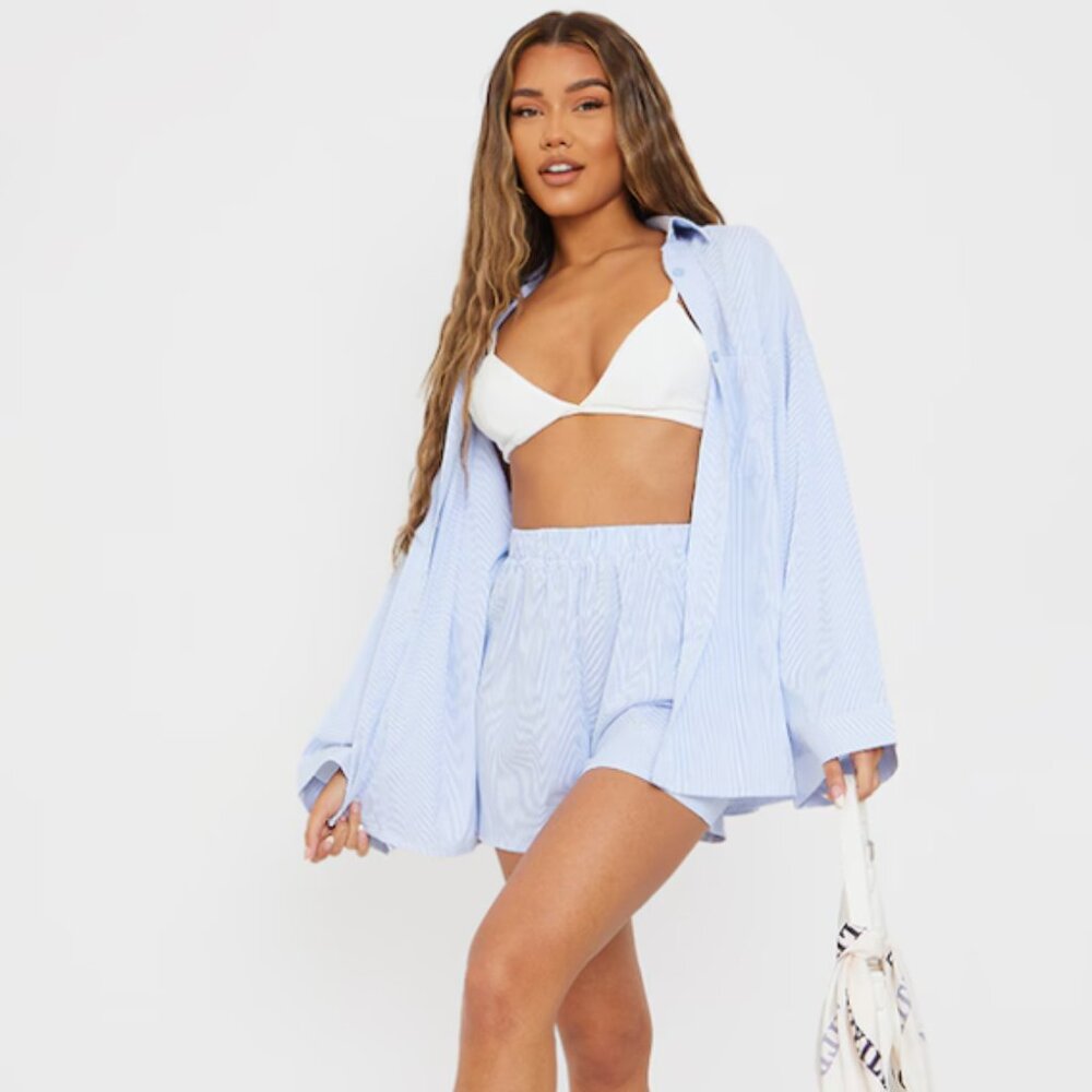Light Blue Pinstripe Woven Elastic Waist Floaty Shorts